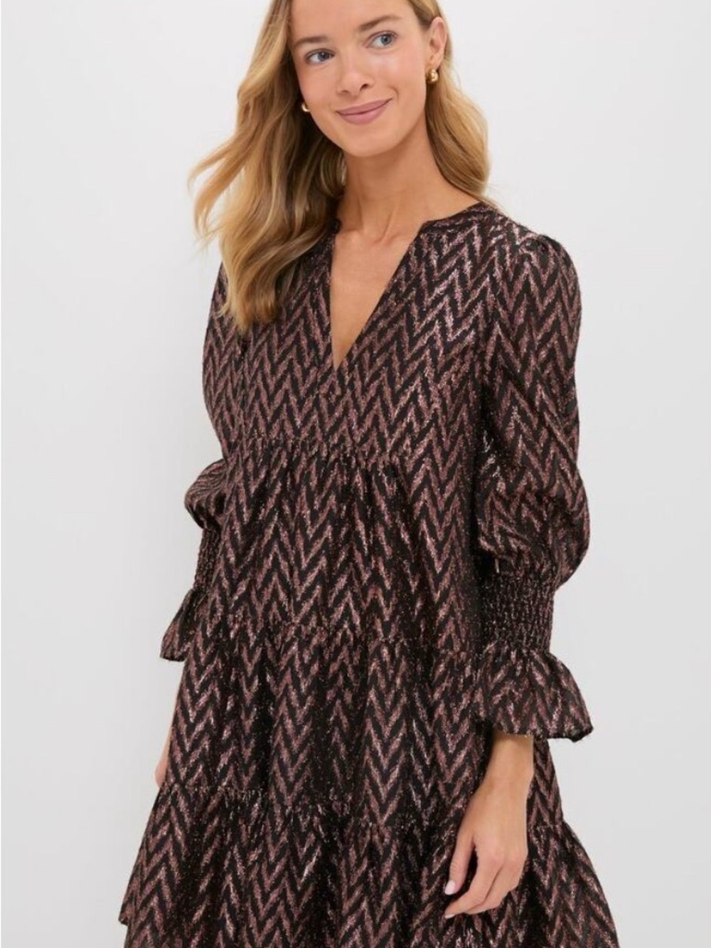 Pomander Place Metallic Chevron Tiered Dress - Black & Rose Gold